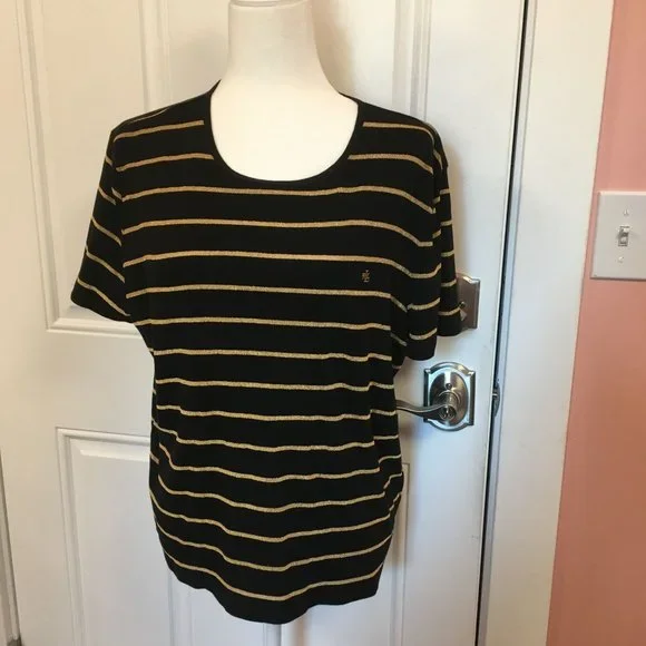 Lauren by Ralph Lauren Short Sleeve Knit Top - Black w/Gold Stripes - XL - Picture 1 of 5